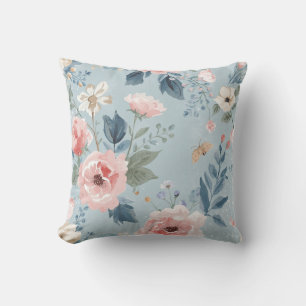 Dammigt Blått Blommigt Akvarell Trädgård Rosa Blom Kudde