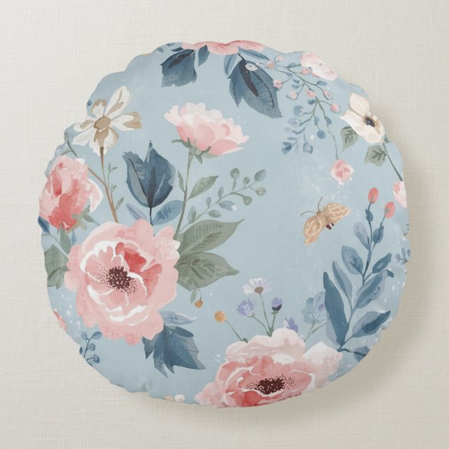 Dammigt Blått Blommigt Akvarell Trädgård Rosa Blom Rund Kudde (Framsidan)