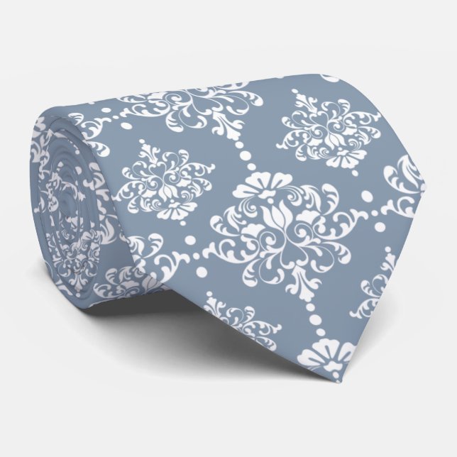 Dammigt Blått Blommigt Damastmönster Bröllop Brudg Slips (Rullad)