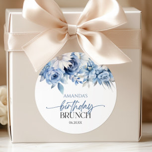 Dammigt Blått Blommigt Födelsedags Brunch Party Runt Klistermärke