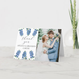 Dammigt Blått Blommigt Foto Bröllop Tack Kort