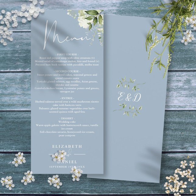 Dammigt Blått Blommigt Grönt Monogram Bröllopsmidd Meny (Dusty Blue Floral Greenery Monogram Wedding Dinner Menu)