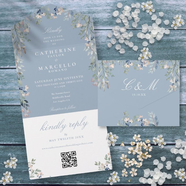 Dammigt Blått Blommigt Grönt QR-kod Bröllop (Dusty Blue Floral Greenery QR Code Wedding All In One Invitation)