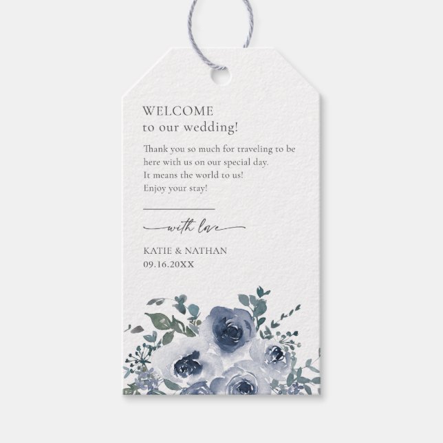 Dammigt Blått Blommigt Presentetikett (Framsidan)