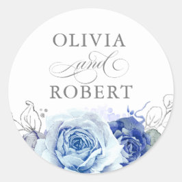Dammigt Blått Bröllop Modern Floral Boho Runt Klistermärke