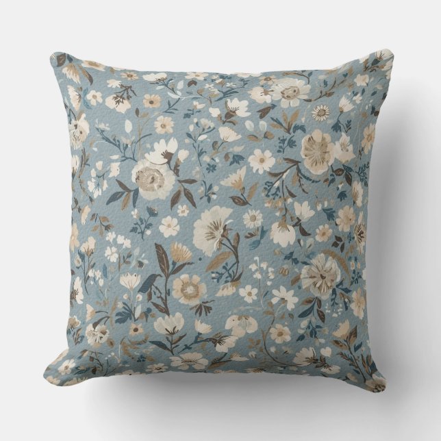 Dammigt Blått Brunt Kräm Stug Floral Kudde (Framsida)