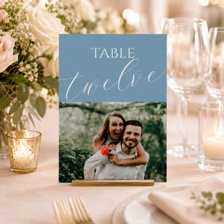 Dammigt Blått Foto Bröllops Bordnummer Bordsnummer