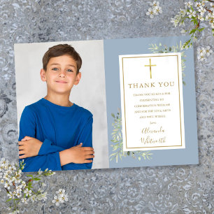 Dammigt Blått Grönska Blommig Foto Konfirmation Tack Kort