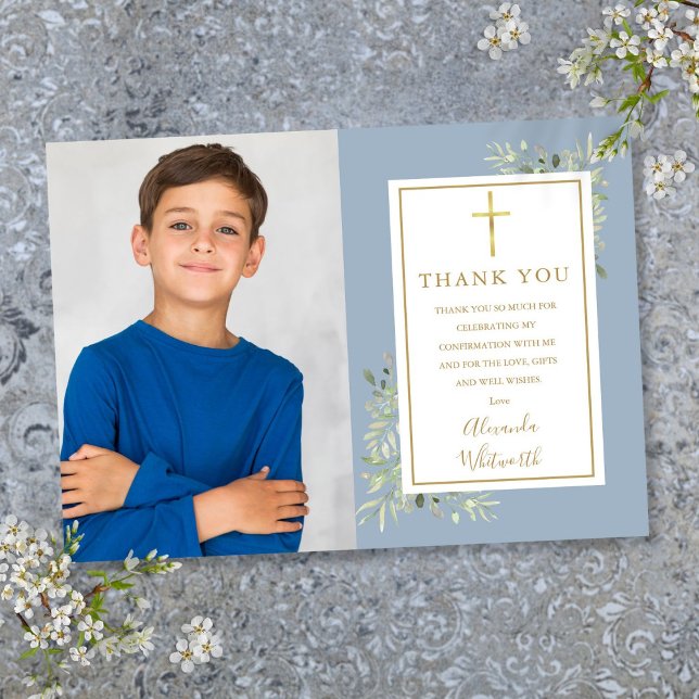 Dammigt Blått Grönska Blommig Foto Konfirmation Tack Kort (Dusty Blue Greenery Floral Photo Confirmation Thank You Card)