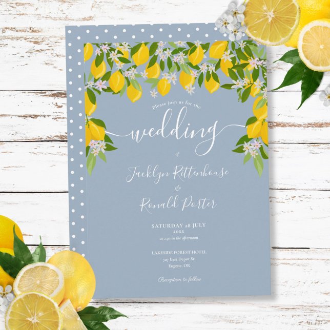 Dammigt Blått Grönt Citroner Blommar Bröllop Inbjudningar (Dusty Blue Greenery Lemons Blossom Wedding Invitation)