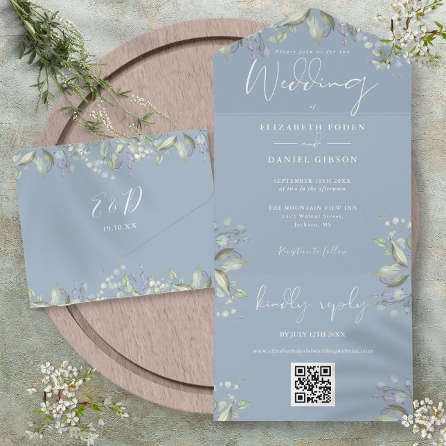 Dammigt Blått Grönt Floralt Skript QR-kod Bröllop (Dusty Blue Greenery Floral Script QR Code Wedding All In One Invitation)
