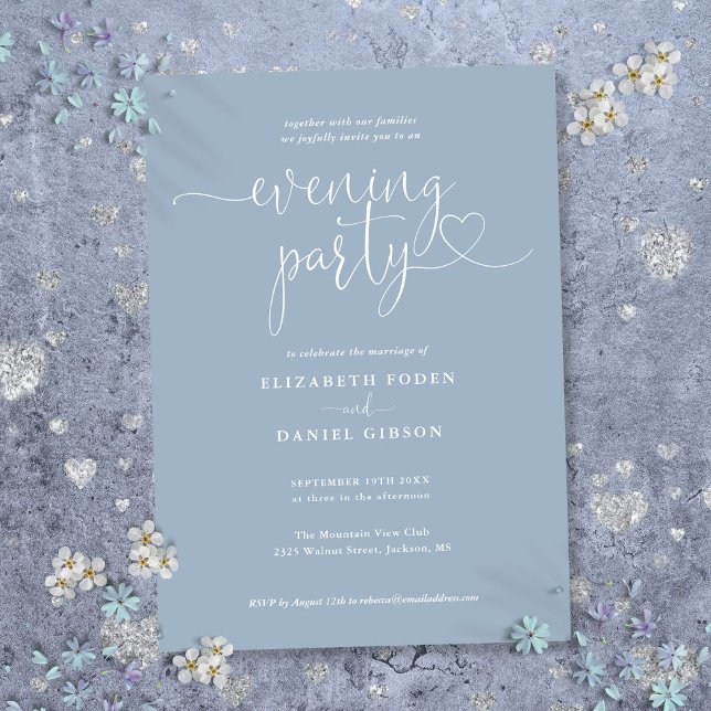 Dammigt Blått Hjärtmanus Bröllop Kvällsfest Inbjudningar (Dusty Blue Heart Script Wedding Evening Party Invitation)