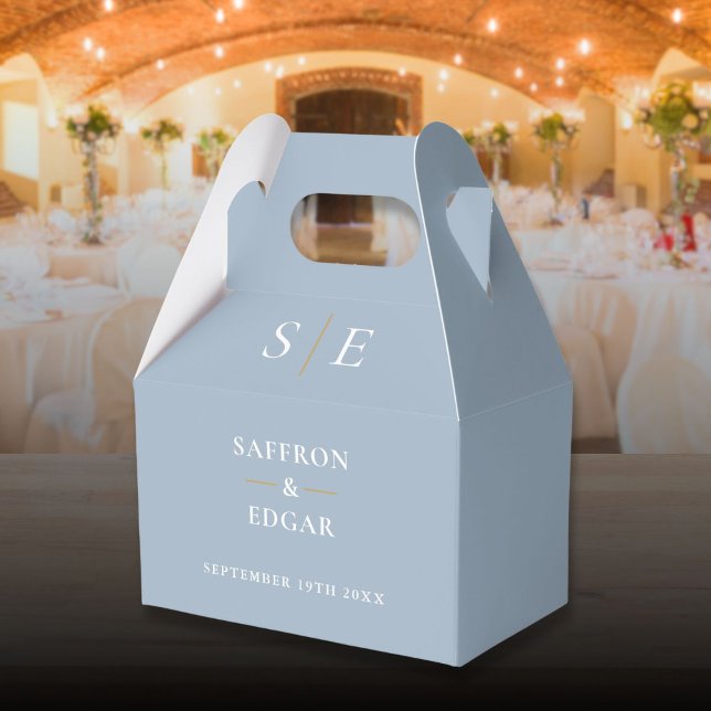 Dammigt Blått Och Guld Monogram Bröllop Presentaskar (Dusty Blue And Gold Monogram Wedding Favor Boxes)