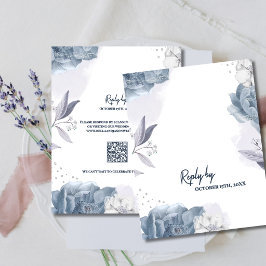 Dammigt Blått Romantiskt Blommigt QR-kod Bröllop OSA Kort