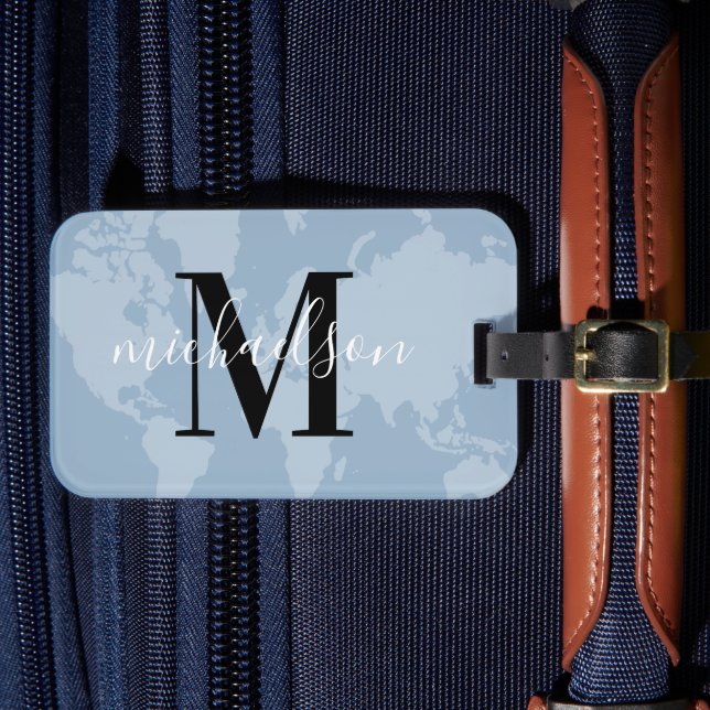 Dammigt Blått Världskartsskript Monogram Bagagebricka (Framsida Insitu 4)