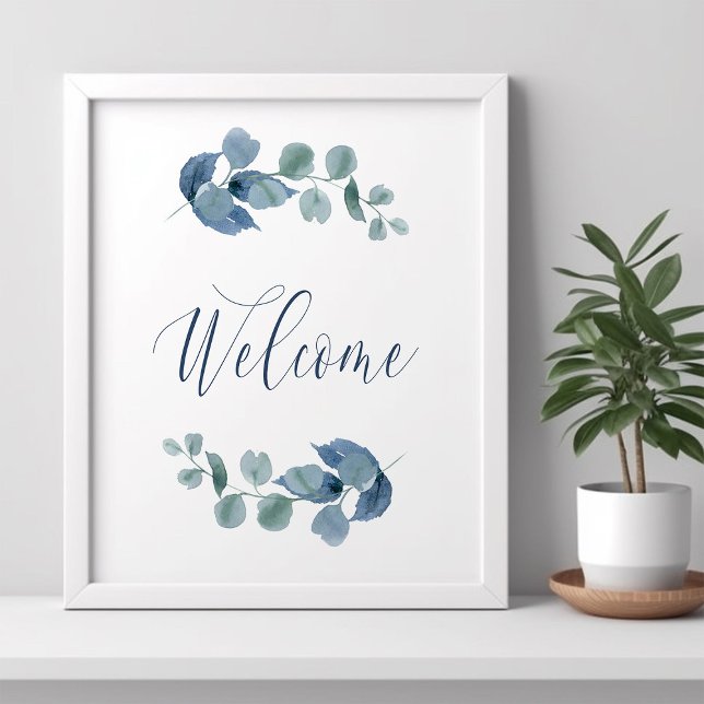 Dammigt Eukalyptus Enkel Vattenfärg Löv Välkommen Poster (Welcome Poster from the Dusty Eucalpytus wedding collection by Darling & May)