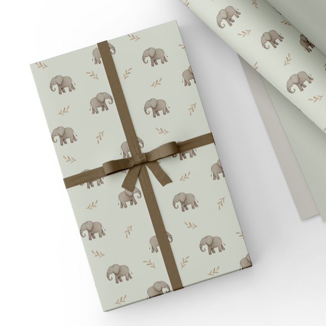 Dammigt grön akvarell Elefanter Safari-mönster Presentpapper (Skapare uppladdad)