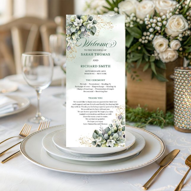 Dammigt grön eukalyptus grönska bröllopsprogram program (Dusty Green Eucalyptus Greenery Wedding Program)