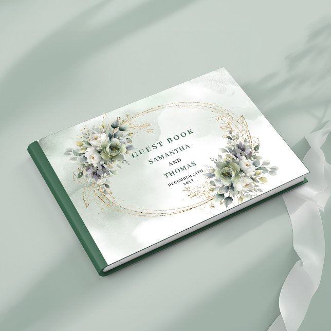 Dammigt grönt botaniskt bladbröllopsgästbok gästböcker (Dusty Green Botanical Foliage Wedding Guest Book)