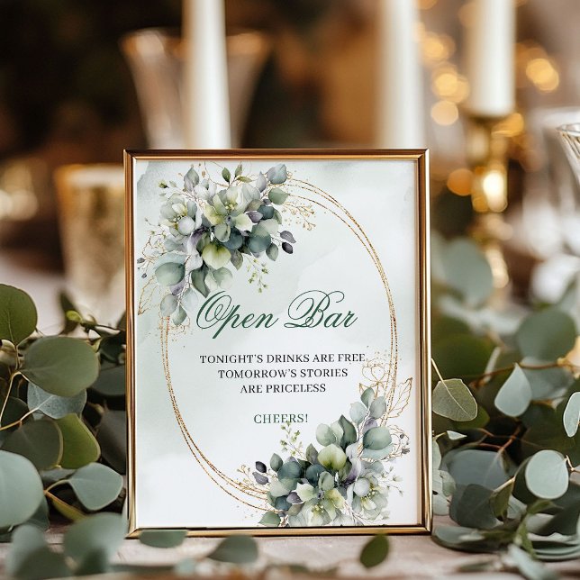 Dammigt grönt eucalyptus Öppen bar bröllopsskylt Poster (Dusty Green Eucalyptus Open Bar Wedding Sign)