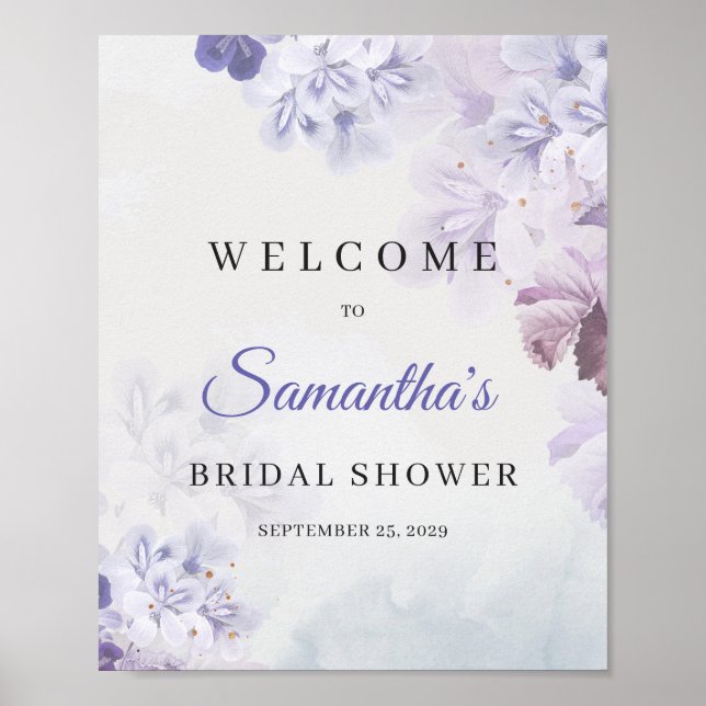 Dammigt lila vårblommig välkomstskylt till bröllop poster (Framsidan)