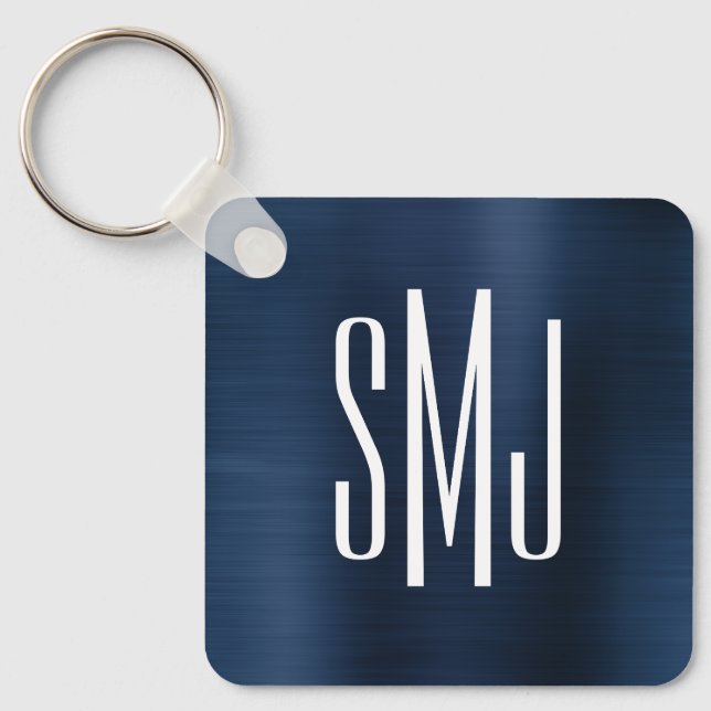 Dammigt marinblått folie tre bokstäver monogram nyckelring (Framsida)