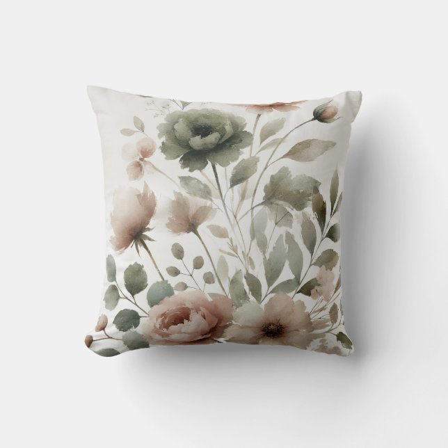 Dammigt olivgrönt & rosa akvarell modern blomsterm kudde (Framsida)