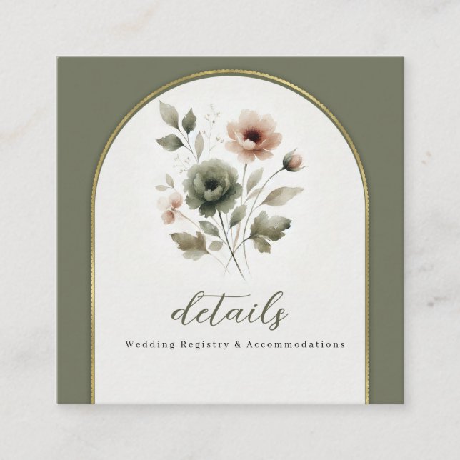 Dammigt Olivgrönt Rosa & Guld Blommig Bröllopsdeta Fyrkantigt Visitkort (Framsida)
