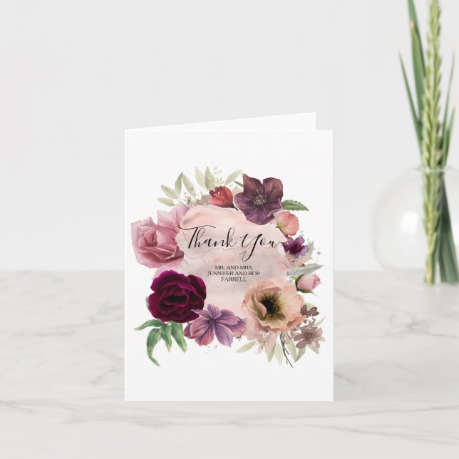 Dammigt rosa och Burgundy blommigttack Tack Kort (Framsida)