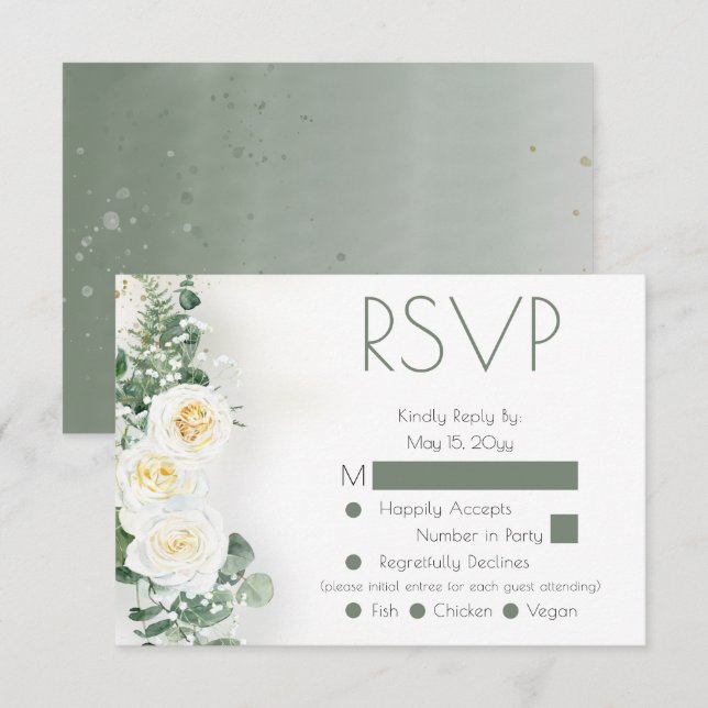 Dammigt Sagegrönt Blommig Bröllop RSVP Svarskort OSA Kort (Fram/baksida)
