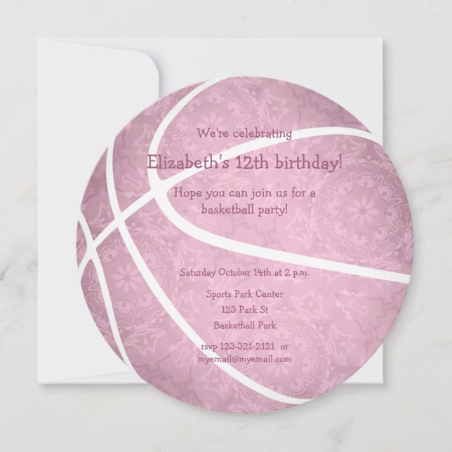 Dammlig rosa-basketbollens födelsedag party meddelande (Framsida)