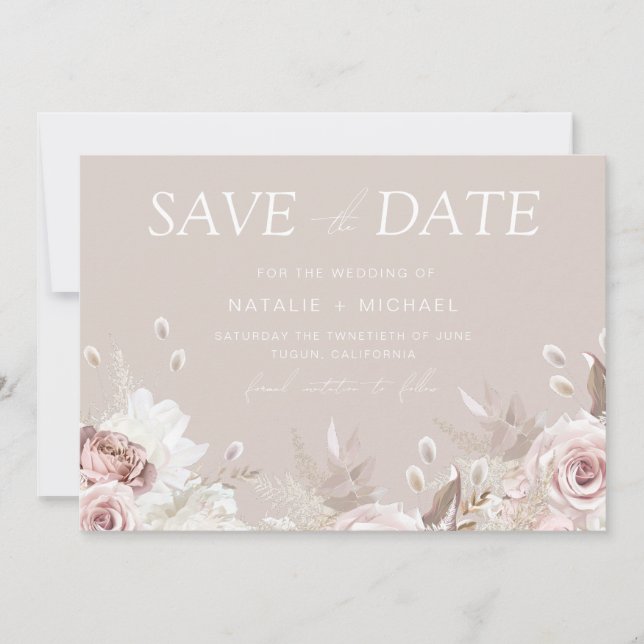 Dammros & Beige Boho Blommig Brud Wedding Spara Datumet (Framsida)