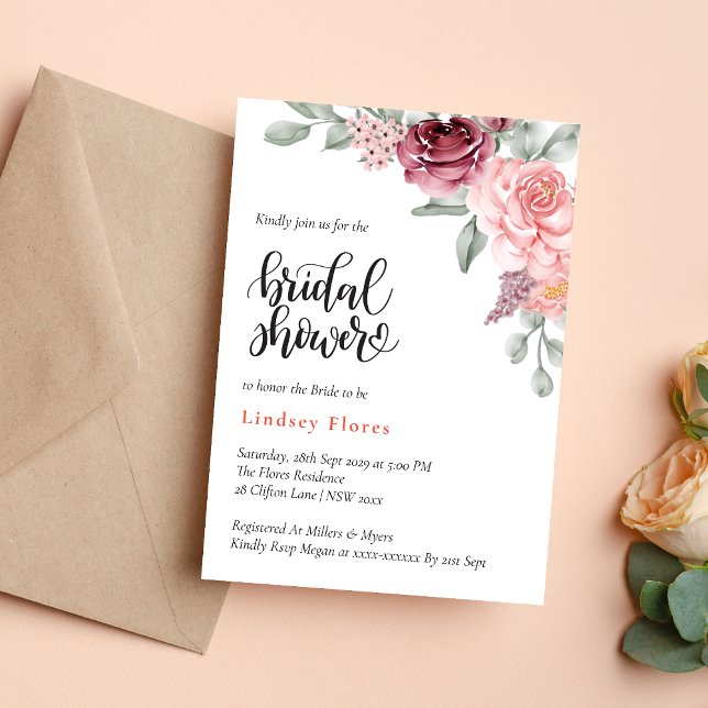 Dammros Blommig Elegant Akvarell Bröllopsdusch Inbjudningar (Dusty rose floral watercolor bridal shower invitation adds elegant romantic charm to celebrations)