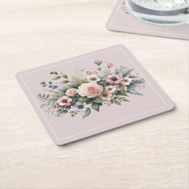 Dammros Botanisk Bröllopsblomma Akvarell Underlägg Papper Kvadrat (Vinklad)