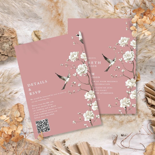 Dammros Chinoiserie Blommig QR-kod Bröllop Inbjudningar (Dusty Rose Chinoiserie Floral QR Code Wedding Invitation)