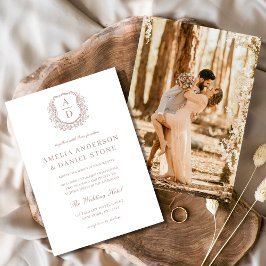 Dammros Elegant Blommig Vapen Monogram Bröllop Inbjudningar