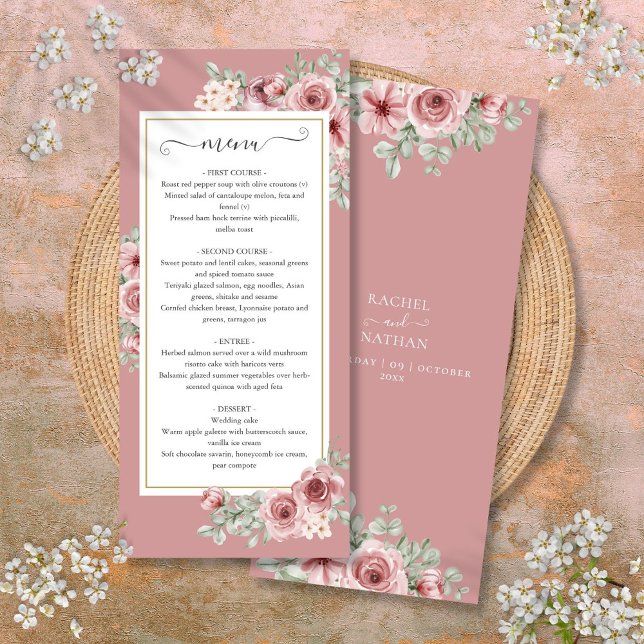 Dammros Floral Botanisk Bröllopsmiddag Meny (Dusty Rose Floral Botanical Wedding Dinner Menu)