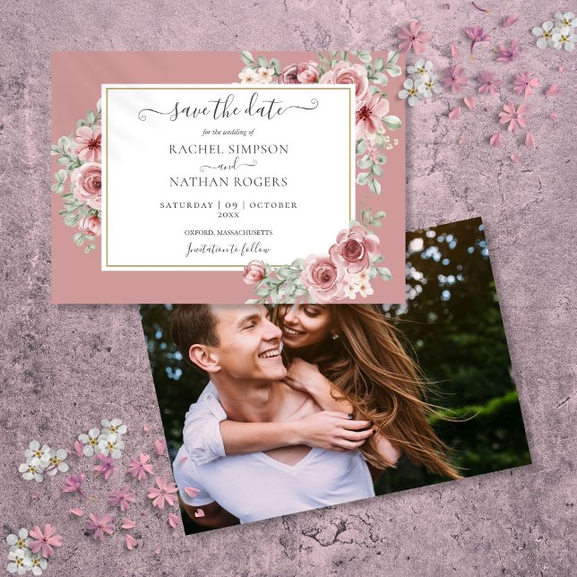 Dammros Floral Botanisk Foto Bröllop Spara Datumet (Dusty Rose Floral Botanical Photo Wedding Save The Date)