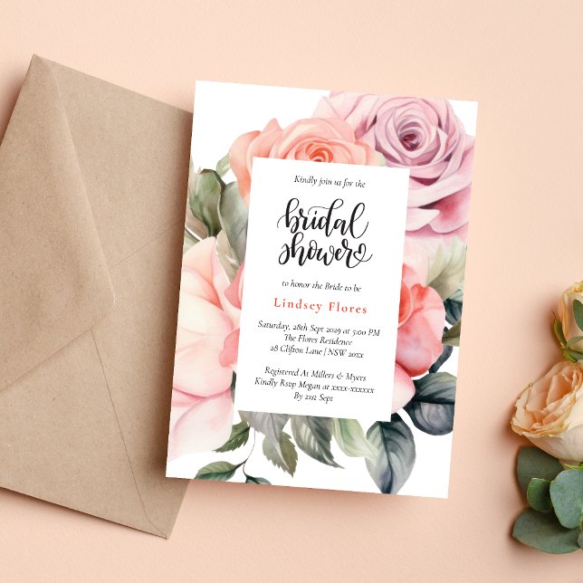Dammros Floral Elegant Minimal Bröllopsfest Inbjudningar (Dusty rose floral minimal invitation creates a soft, romantic bridal shower tone)