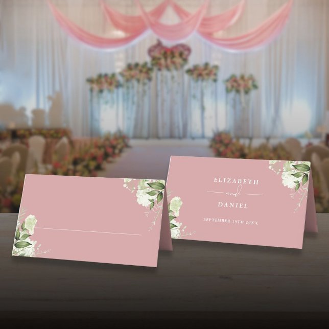 Dammros Floral Grönska Bröllop Vikta Placeringskort (Dusty Rose Floral Greenery Wedding Folded Place Card)