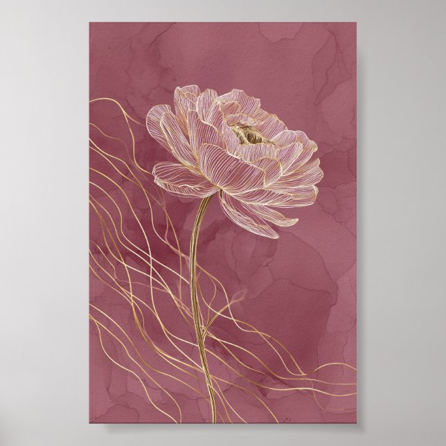 Dammros Guld Blommig Linje Konst Minimalistisk Poster (Framsidan)