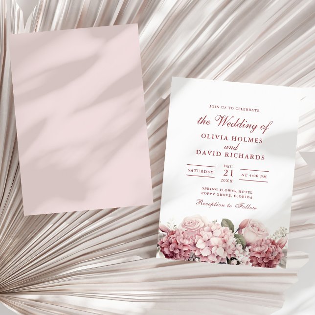 Dammros Hydrangea Bröllopsinbjudningskort Inbjudningar (Modern Dusty Rose Hydrangea Wedding Invitation on a sunny neutral dry palm leaf.)