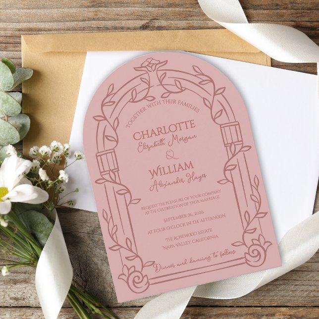 Dammros Ornamenterad Botanisk Bröllopsbåge Inbjudningar (Dusty Rose Ornate Arch Botanical Wedding Invitation | Romantic Garden Estate Wedding Invite)