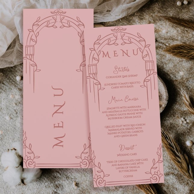 Dammros Ornamenterad Botanisk Bröllopsmiddag Arkit Meny (Dusty Rose Ornate Arch Botanical Wedding Menu Card)