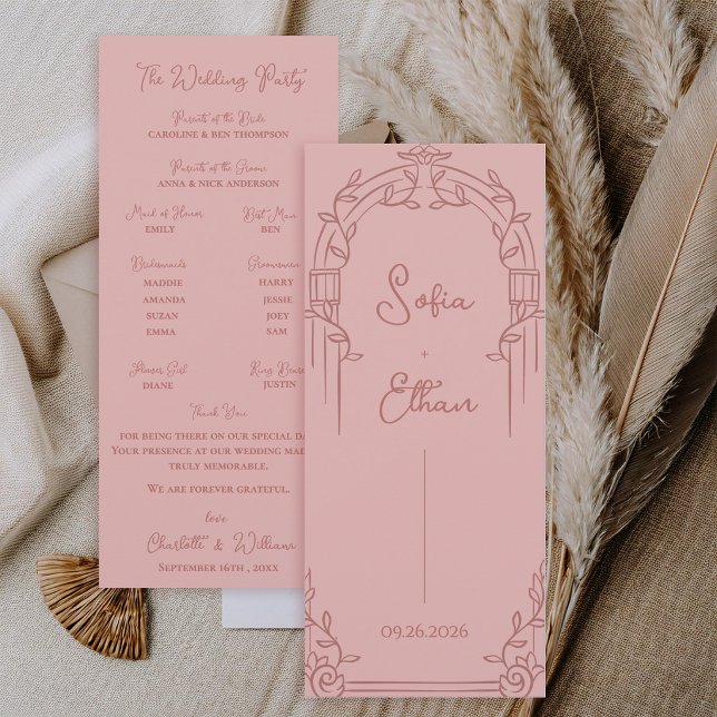 Dammros Ornamenterat Valv Botaniskt Bröllopsprogra Inbjudningar (Elegant Dusty Rose Ornate Arch Botanical Wedding Program Card)