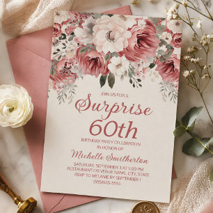 Dammros Röd Crème Blommig Överraskning 60-årsdag Inbjudningar