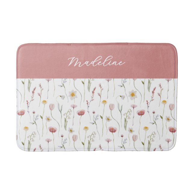 Dammrosa akvarell vildblomma monogramnamn badrumsmatta (Framsidan)