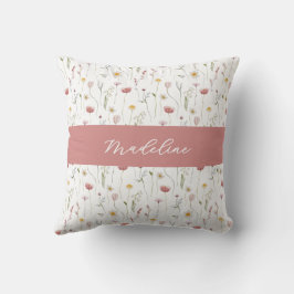Dammrosa akvarell vildblomma monogramnamn kudde