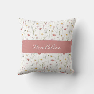 Dammrosa akvarell vildblomma monogramnamn kudde