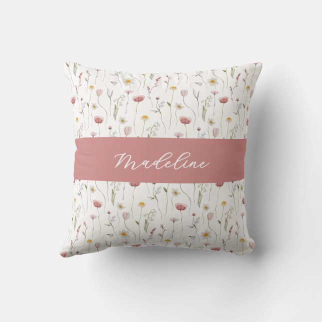 Dammrosa akvarell vildblomma monogramnamn kudde (Baksida)